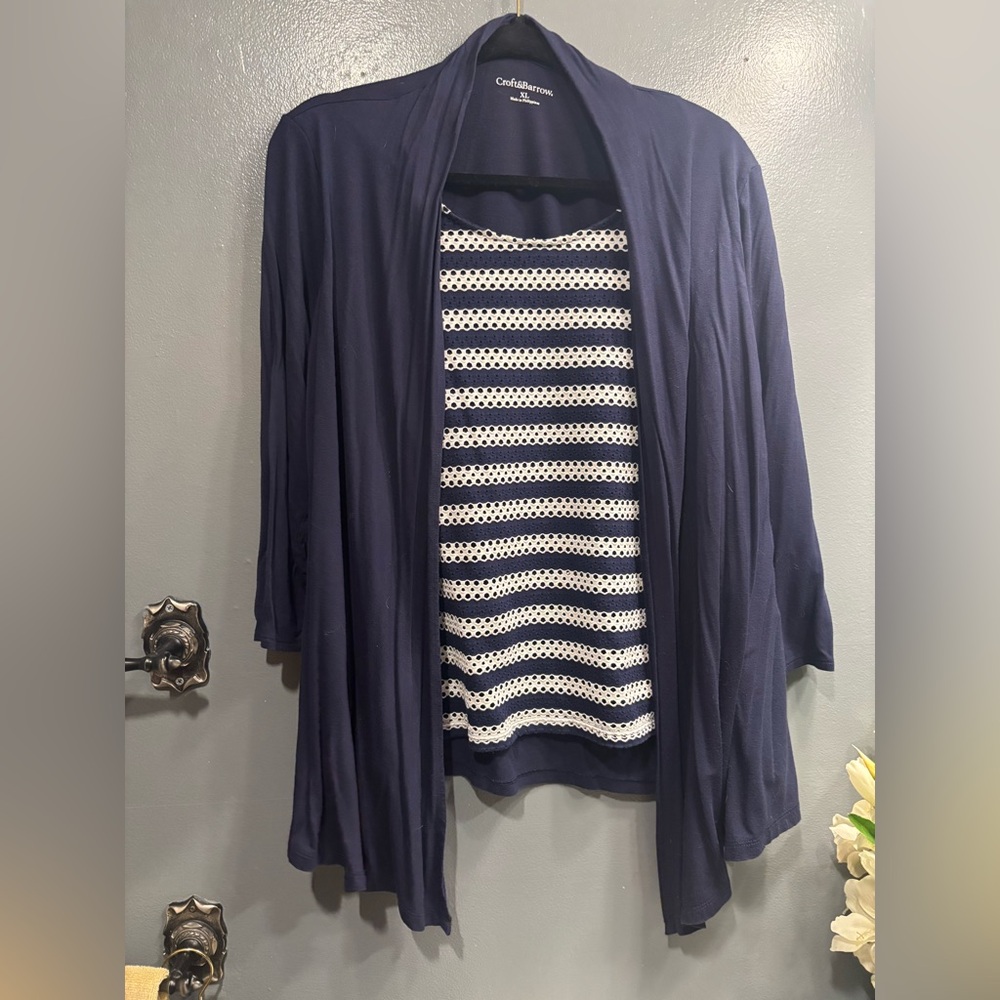 croft & barrow Navy Open-Front Cardigan with Built in White & Navy Striped Top